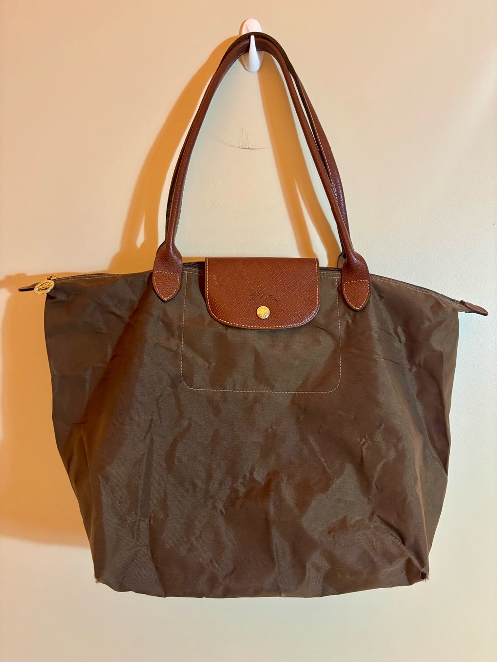 Longchamp Le Pliage Classic Tote Bag Olive Green with Leather Trim Y2K Vtg Era
